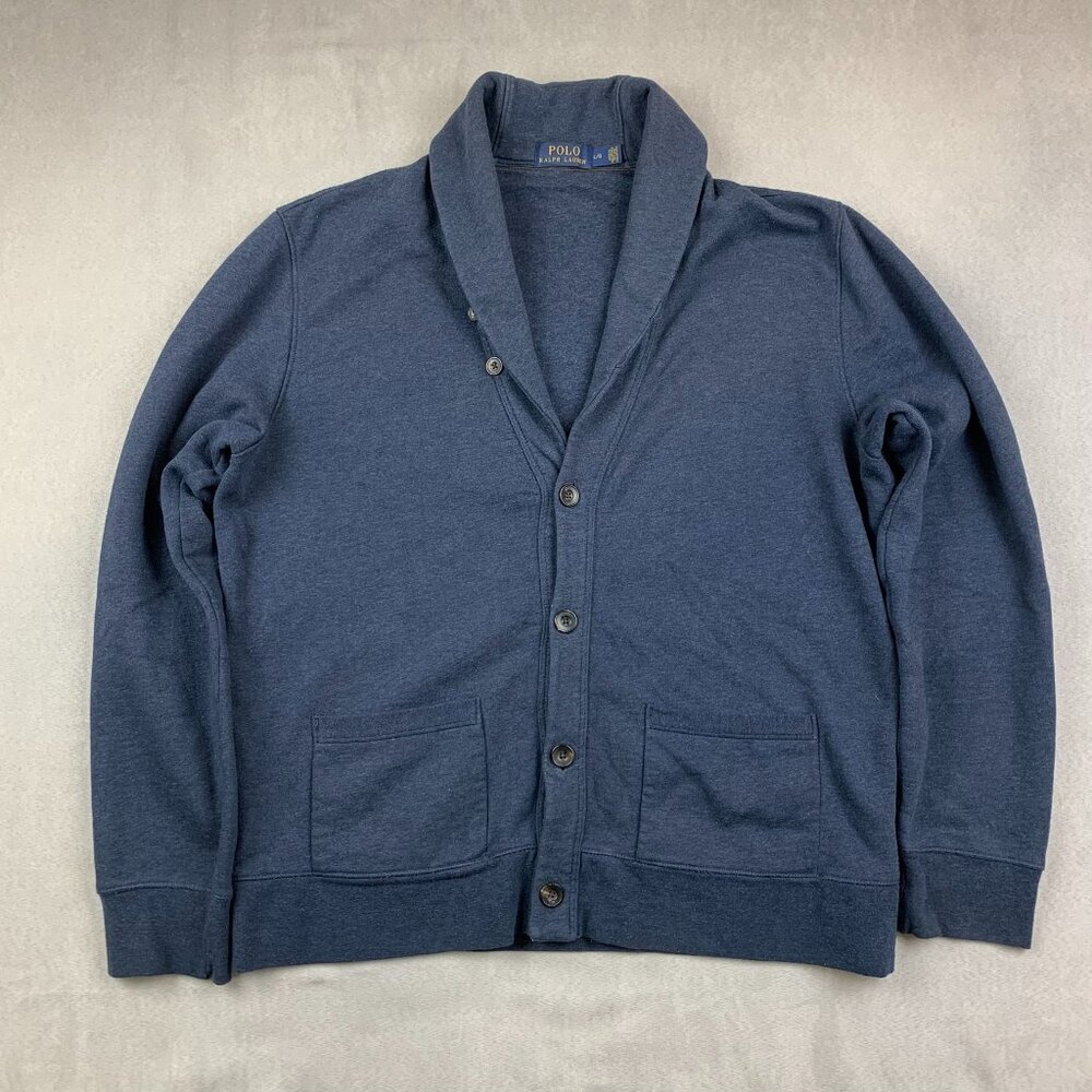 Ralph Lauren Polo Mens Sweater Large Navy Blue Shawl Neck Cardigan Long Sleeve